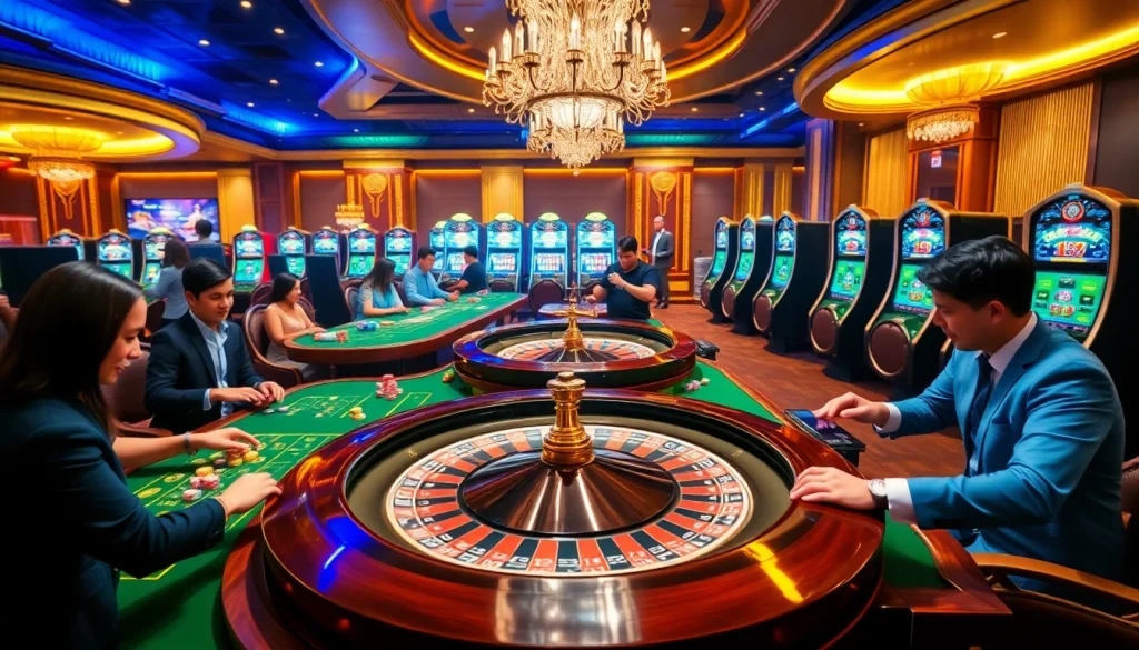 Players enjoying their experience at Nhà cái F8BET online casino with vibrant slot machines and tables.