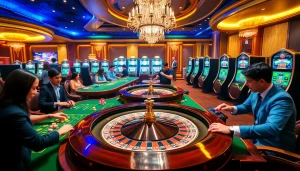 Players enjoying their experience at Nhà cái F8BET online casino with vibrant slot machines and tables.