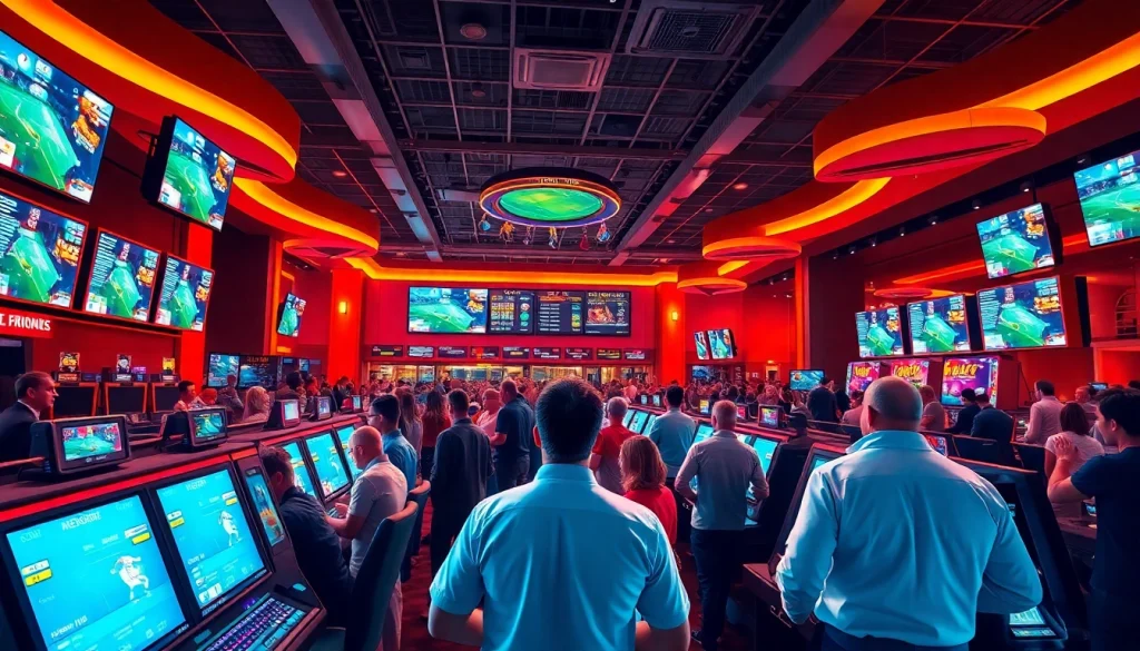 Engaging view of sportsbooks in New Brunswick with enthusiastic bettors in a lively casino.