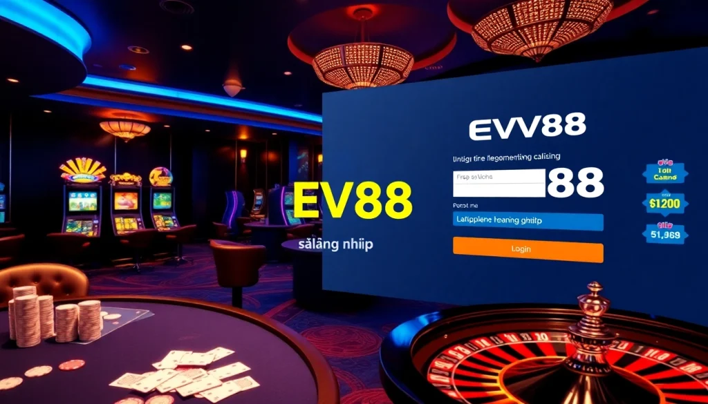 Visual representation of EV88 đăng nhập showcasing an exciting casino atmosphere with elegant gaming tables and vibrant slot machines.