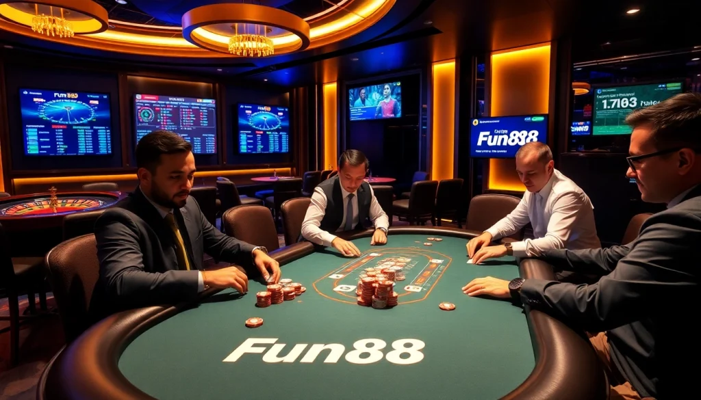 Fun88 poker table with players, luxury casino ambiance and live sports betting.