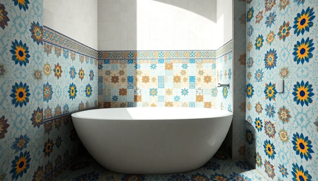 Carreaux Zellige aux couleurs vives présentés dans un design de salle de bains luxueux.