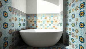 Carreaux Zellige aux couleurs vives présentés dans un design de salle de bains luxueux.