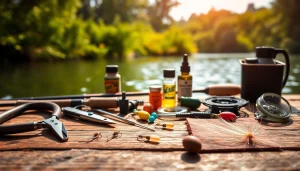 Showcase of fly fishing accessories arranged artfully with tools and natural scenic background.