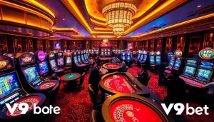 A thrilling V9 bet casino scene with vibrant gaming tables, slot machines, and enthusiastic players.