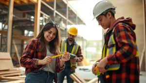 Apprenticeship in construction showcasing diverse young professionals at a job site.