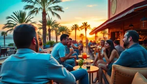 Enjoying the atmosphere at Cannabis Club Lloret De Mar with friends in a tropical setting.