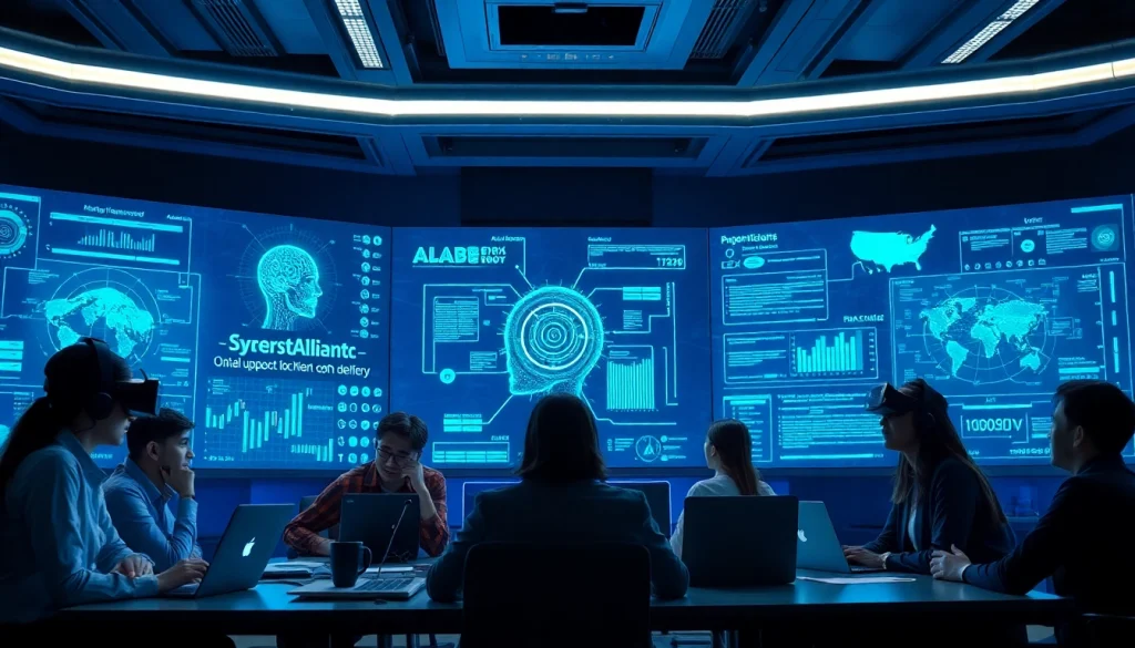 Cybersecurity AI professionals analyzing data and algorithms in a modern workspace.