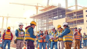 Engaged professionals in a construction apprenticeship working together on-site.