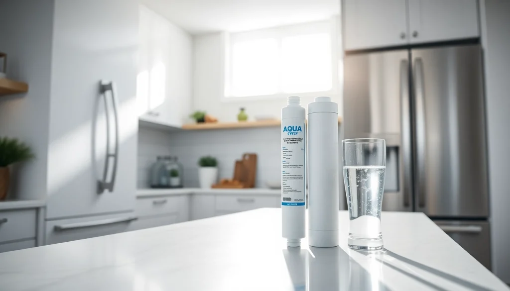 AQUA CREST LT1000PC ADQ747935 Refrigerator Water Filter and Air Filter showcased in a modern kitchen, highlighting purity and design.