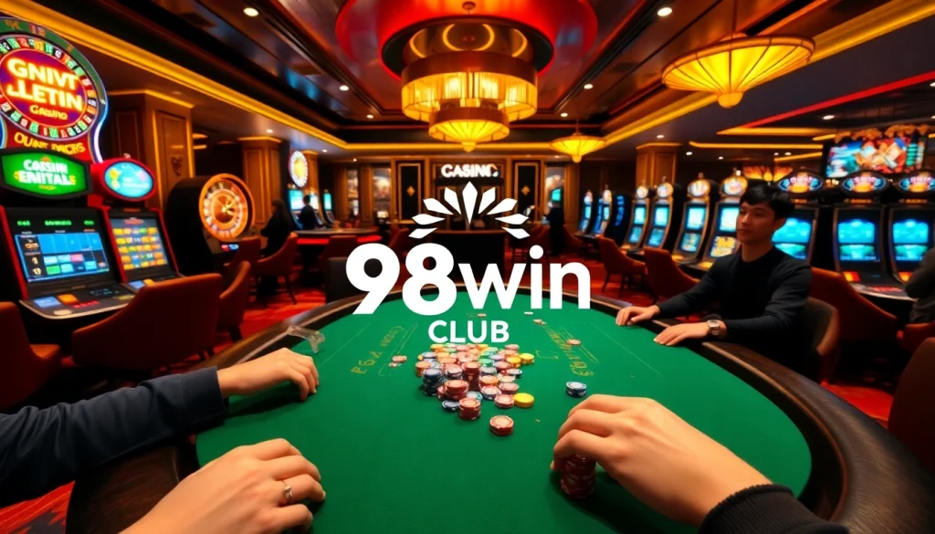 Players engaged in a thrilling game at the 98win club poker table, with colorful chips and neon lights.