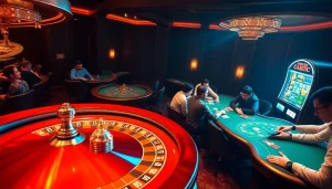 Experience thrilling gameplay at oxplay setting with roulette and poker tables illuminated in luxury.