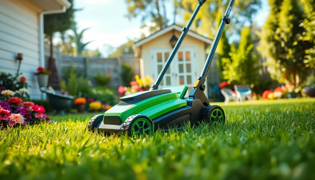 Electric lawn mower cordless cutting grass in a vibrant garden setting, showcasing eco-friendly features.