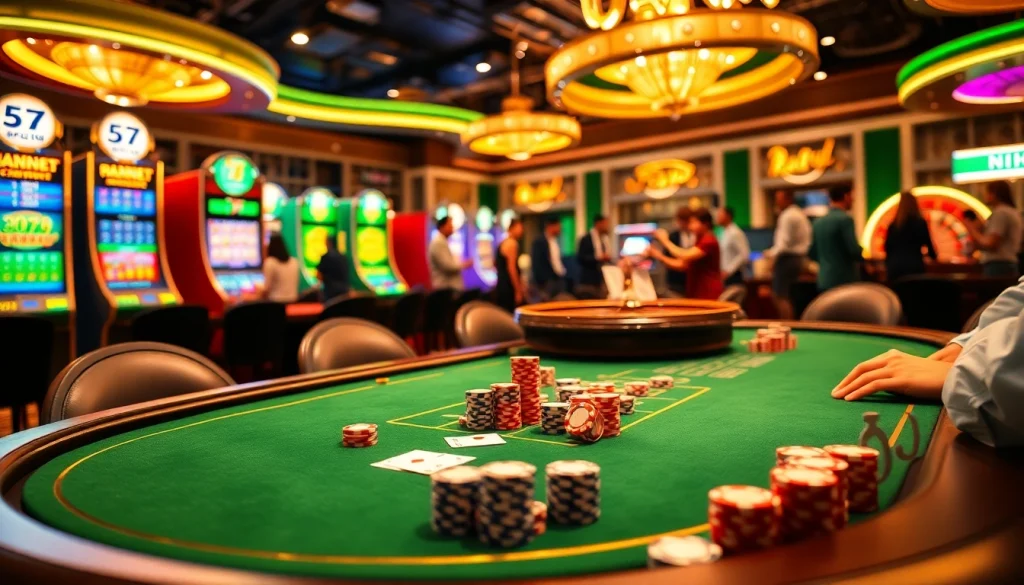 Experience the thrill at a casino poker table showcasing NK88 exciting strategies and vibrant colors.