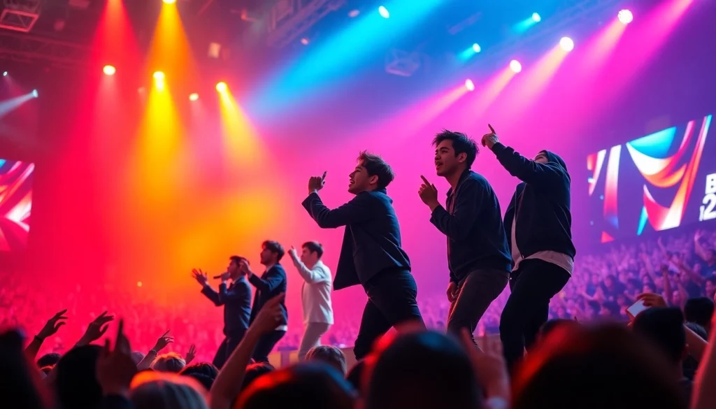 BTS news captures the energetic performance of BTS at a live concert with vibrant stage lights.