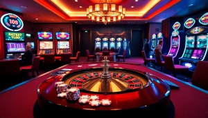 Nền Tảng RR88 showcases an exciting casino scene with poker chips, cards, and a roulette wheel.
