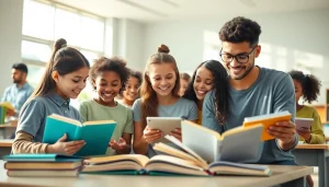 Engaging classroom scene illustrating education with diverse students collaborating.