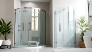 Explore elegant shower doors in a modern bathroom, beautifully showcasing sleek designs.