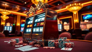 Spin the 'slot deposit pulsa' machine to experience thrilling wins in a luxurious casino setting.