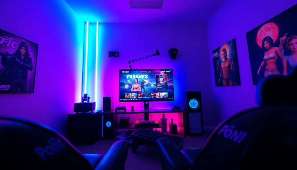 Discover free porn games in an immersive gaming setup with vibrant lighting and sleek gear.