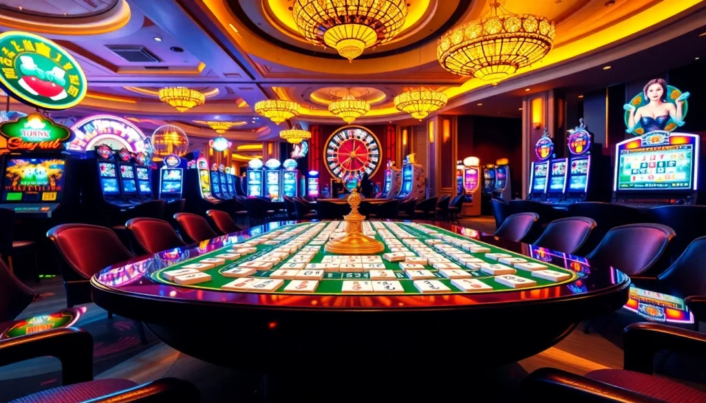 Mengundang pemain bermain ubin Link Mahjong di meja kasino mewah yang dipenuhi kegembiraan.