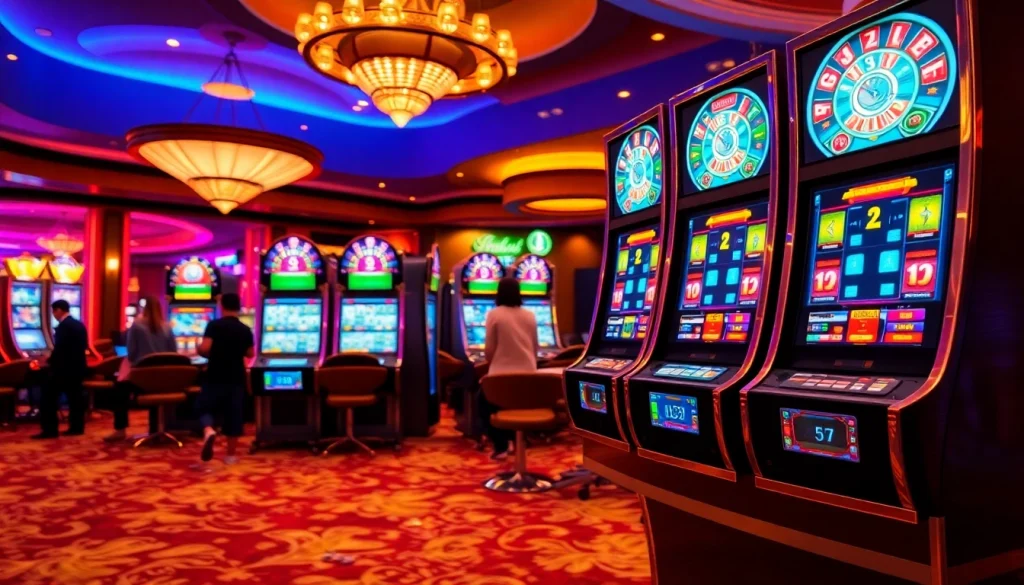 Bermain slot deposit pulsa di kasino mewah dengan grafis yang menarik dan lampu beraneka warna.