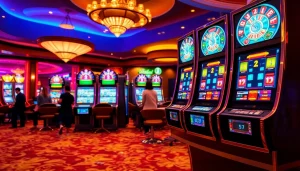 Bermain slot deposit pulsa di kasino mewah dengan grafis yang menarik dan lampu beraneka warna.