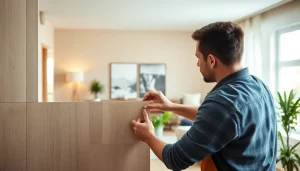 Install interior wall board in a modern living room with stylish decor and warm lighting.