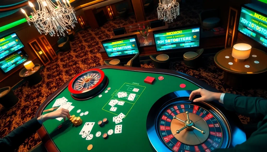 Exciting casino scene showcasing players at a table with indoxxi themed poker chips and cards.