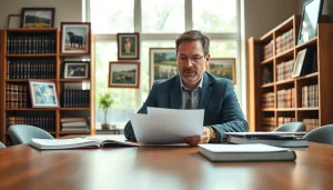 Agriculture lawyer consulting clients with legal documents in a professional office.