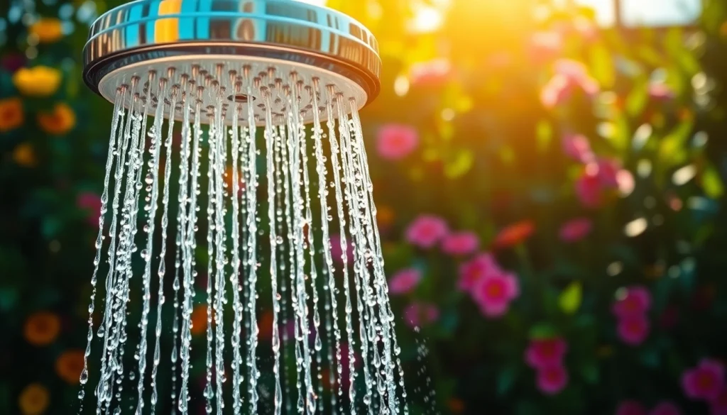 Refreshing sunny shower in a vibrant garden setting showcasing natural beauty and relaxation.