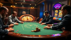 Experience the thrill of gambling at an indoxxi-themed luxury poker table filled with poker chips and players.