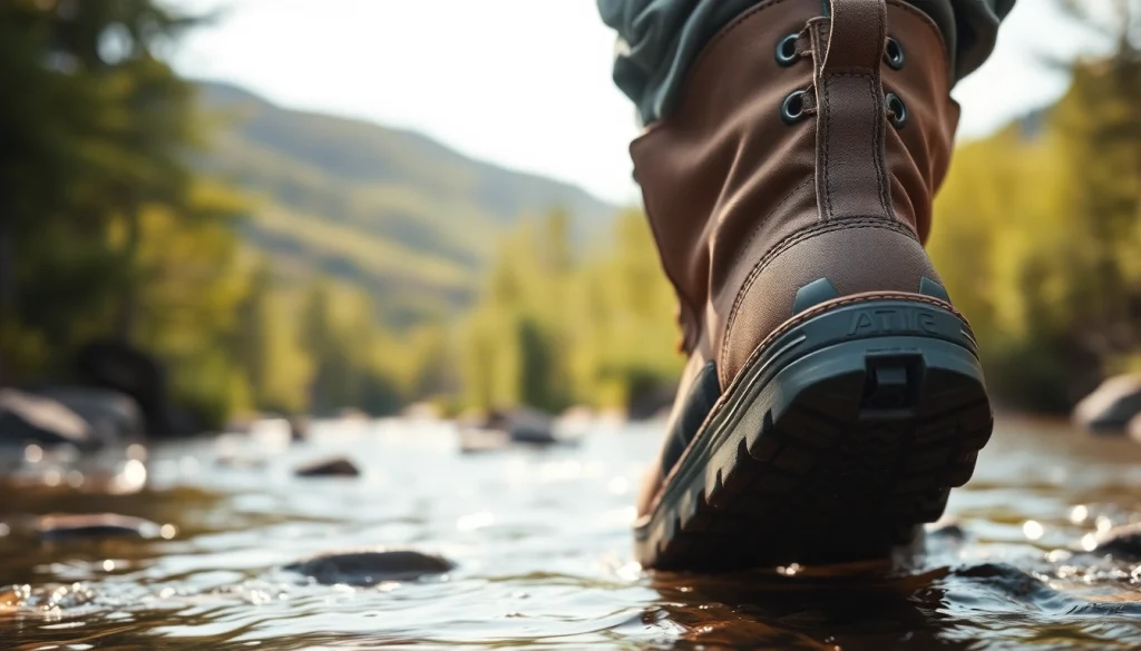Examine high-quality Fly fishing boots showcasing their rugged design and excellent traction in a natural setting.