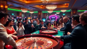 S88 slot machine at a vibrant casino, showcasing high-stakes action and elegant gaming tables.