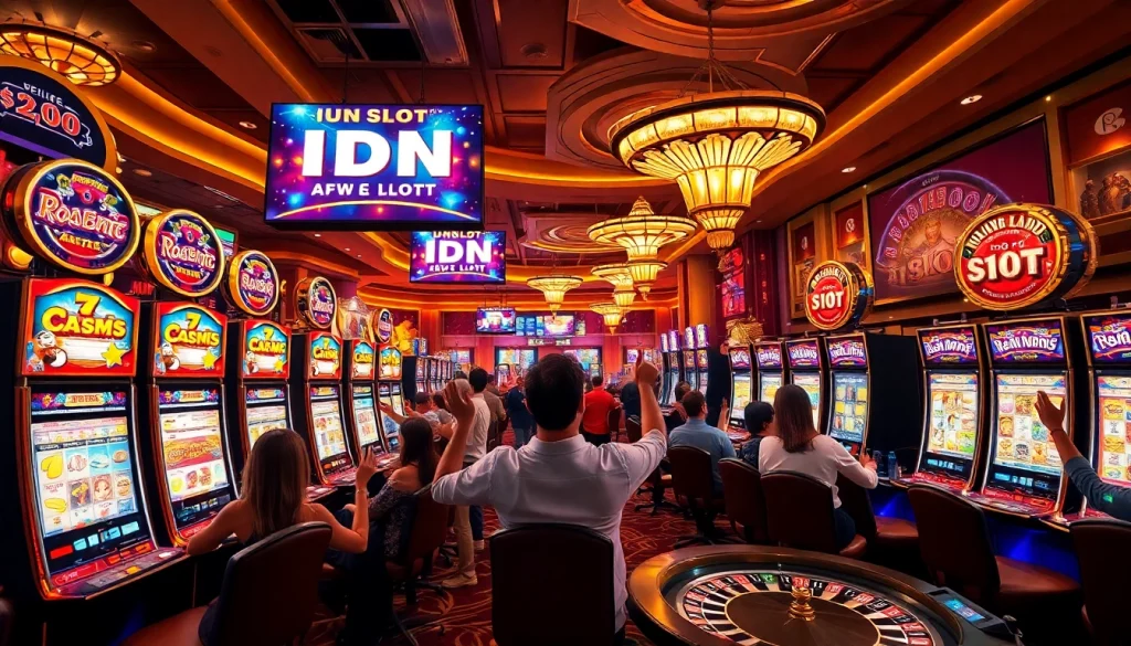 Engage with the excitement of idn slot games amidst a vibrant casino atmosphere filled with players.
