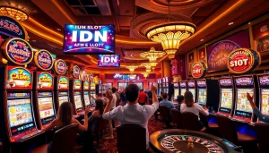 Engage with the excitement of idn slot games amidst a vibrant casino atmosphere filled with players.