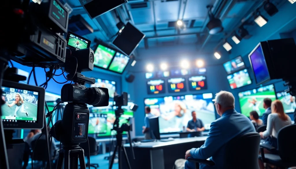 Captivating scene of sports broadcasting with hosts, screens, and equipment full of energy.
