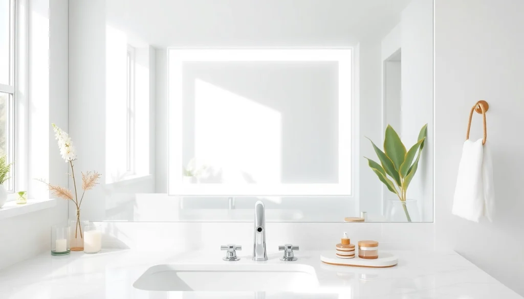 Illuminated bathroom mirror with LED light showcasing sleek design and bright ambience.