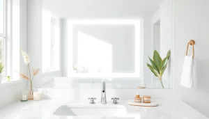 Illuminated bathroom mirror with LED light showcasing sleek design and bright ambience.