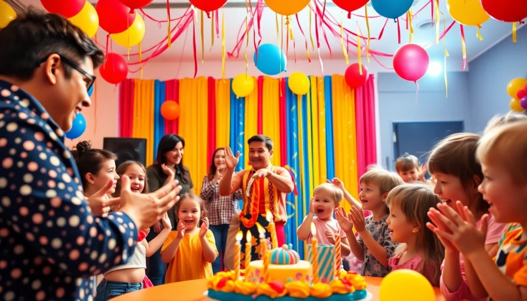 Kids celebrating with talented birthday party entertainers in a vibrant party atmosphere.