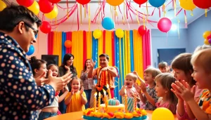 Kids celebrating with talented birthday party entertainers in a vibrant party atmosphere.
