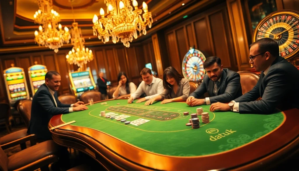 Rasakan sensasi permainan taruhan tinggi di kasino mewah, menekankan Datuk Win dengan meja poker yang berwarna-warni dan para pemain.
