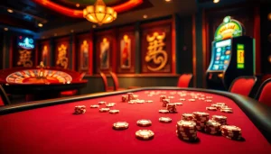 Exciting poker action at vt88 casino, featuring vibrant chips and a roulette wheel.