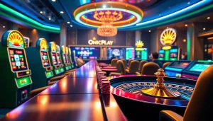 Experience the thrilling Onicplay platform with vibrant slot machines and poker chips in action.