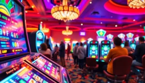 Permainan qqpulsa menyajikan suasana gaming yang ceria dengan mesin slot berwarna-warni.