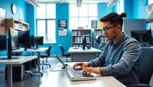 Engaging scene inside a typing center showing a user typing with modern technology.