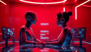 NSFW AI chat interface featuring a realistic avatar engaging intimately, showcasing modern tech elements.