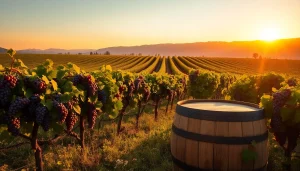 Explore the scenic Clarksburg wineries with lush vineyards and golden sunset hues.