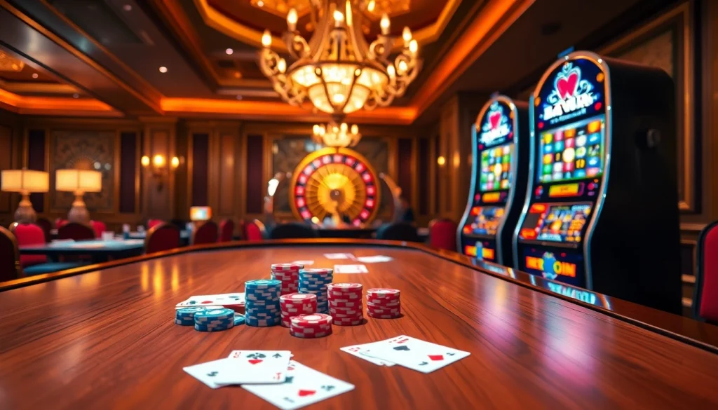 Experience the thrill of Haywin's casino with vibrant poker chips and elegant slot machines.