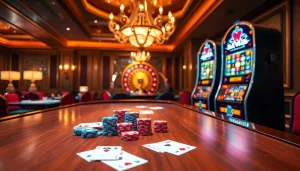 Experience the thrill of Haywin's casino with vibrant poker chips and elegant slot machines.